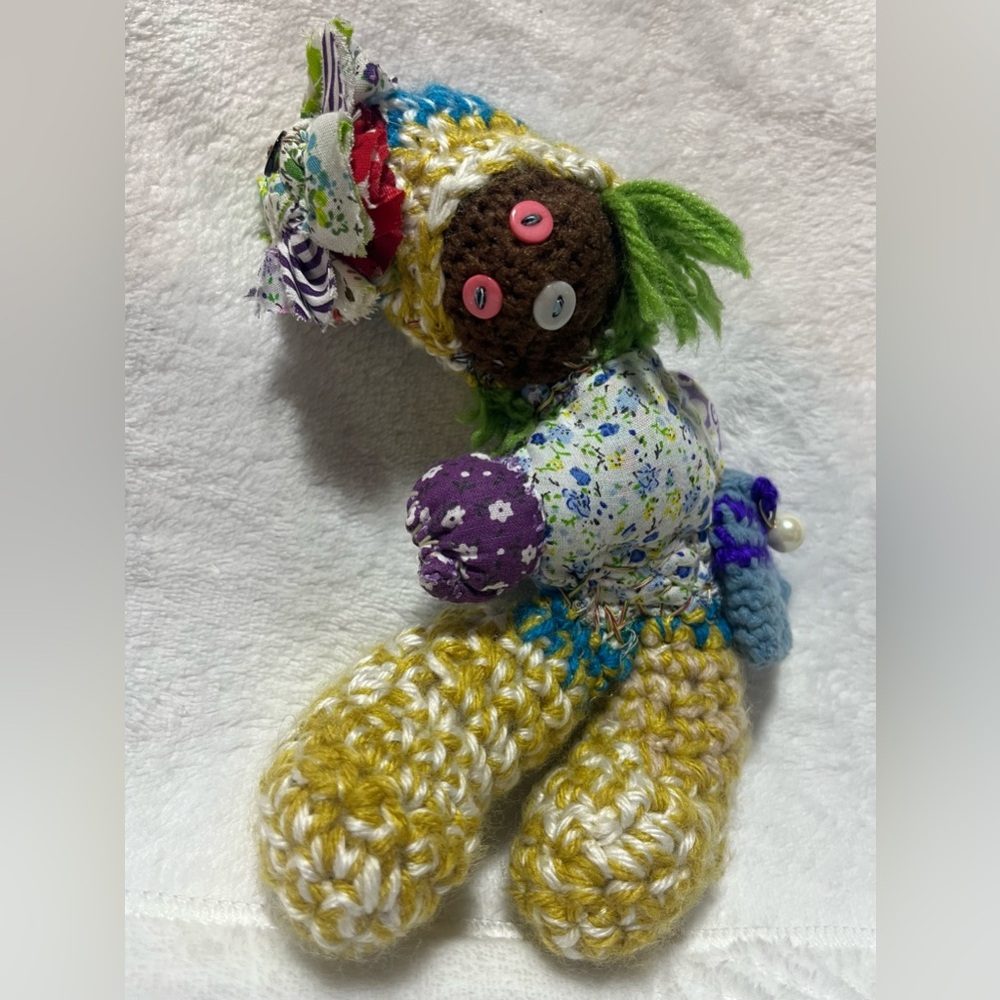 Handmade Folk Art Rag Doll Crochet Yarn Hair Fabric Dress Mini Doll